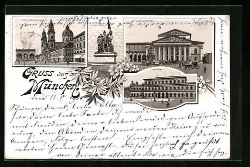 Lithographie München, Feldherrnhalle, Armeedenkmal, Hoftheater