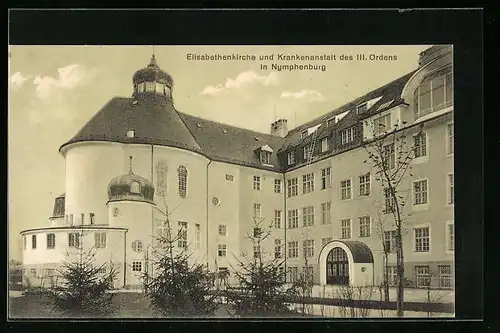 AK München, Elisabethkirche und Krankenanstalt des III. Ordens in Nymphenburg