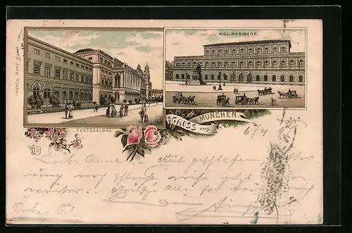 Lithographie München, Festsaalbau, Kgl. Residenz, Rosen