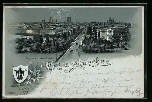 Mondschein-Lithographie München, Panorama vom Maximilianeum, Wappen mit Münchner Kindl