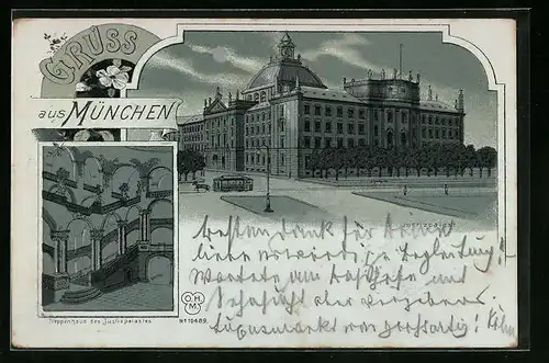 Mondschein-Lithographie München, Justizpalast, Treppenhaus des Justizpalastes
