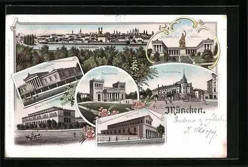 Lithographie München, Ruhmeshalle und Bavaria, Panorama, Propyläen