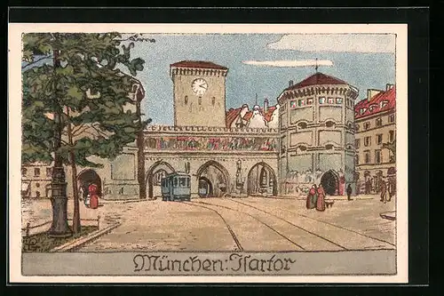 Steindruck-AK München, Isartor mit Strassenbahn