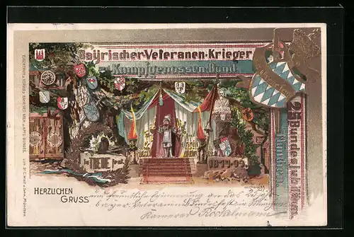 Lithographie München, Bayrischer-Veteranen-Krieger und Kampfgenossen-Bund - Bühne mit Ritter und Wappen