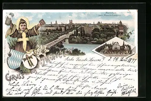 Lithographie München, Kindl mit Bierkrug und Wappen, Ortsansicht vom Maximilianeum