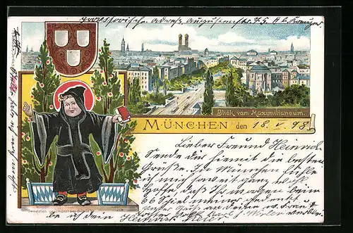 Lithographie München, Münchner Kindl und Blick vom Maximilianeum