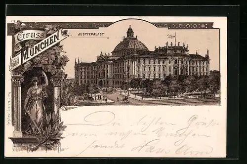 Lithographie München, Justizia-Figur und Justizpalast