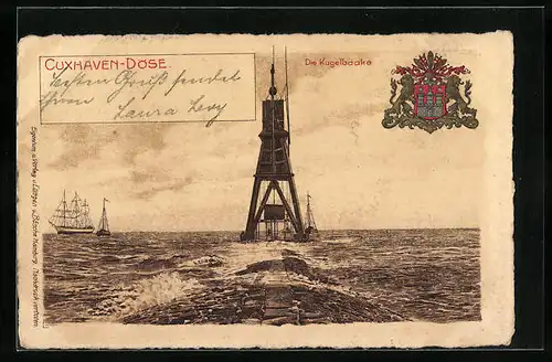 Lithographie Cuxhaven-Döse, Die Kugelbaake mit Segelschiff