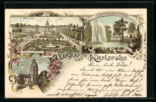 Lithographie Karlsruhe, Schloss, Schlossturm u. -gartensee