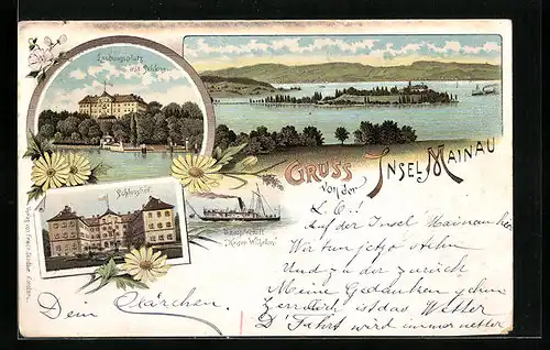 Lithographie Insel Mainau, Landungsplatz mit Schloss, Dampfer Kaiser Wilhelm