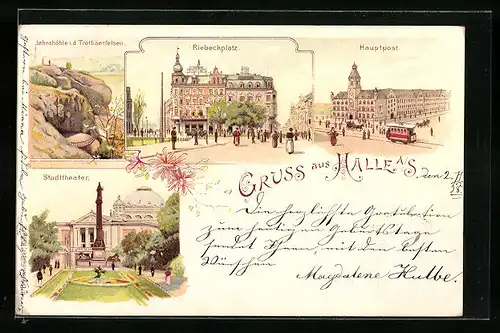 Lithographie Halle a. S., Hauptpost, Stadttheater, Riebeckplatz
