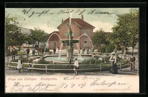 AK Ettlingen, Stadtgarten mit Springbrunnen