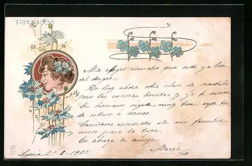 Lithographie Anmutige Brünette mit Kornblumen im Haar