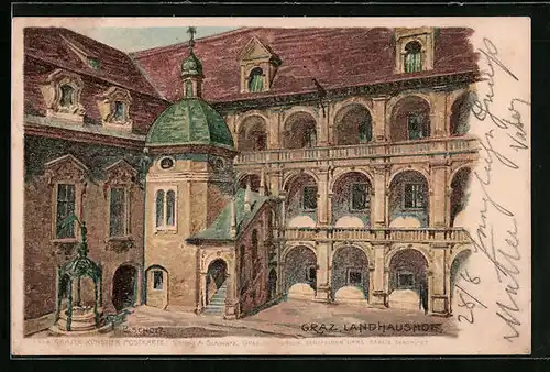 Lithographie Graz, Landhaushof mit Treppenaufgang