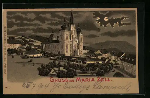 Mondschein-AK Maria Zell, Kirche mit Umgebung bei Vollmond
