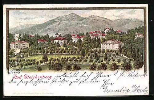 Lithographie Bad Gleichenberg, Ortsansicht im Grünen vor Bergkulisse