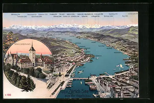 AK Zürich, Zürich-See mit Ortsbezeichnungen aus der Vogelschau, Schweiz. Landesmuseum