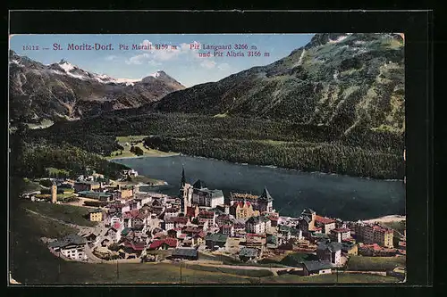 AK St. Moritz-Dorf, Ortsansicht aus der Vogelschau mit Berggipfeln