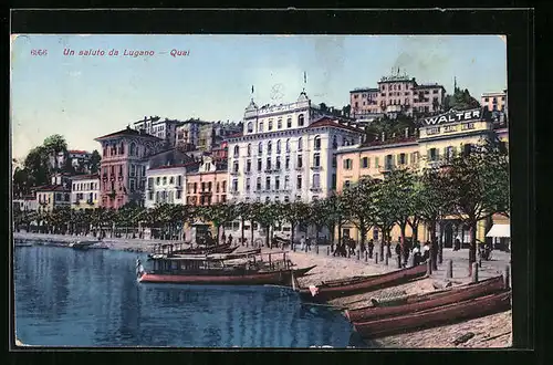 AK Lugano, Teilansicht mit Quai und Hotel Garni Walter