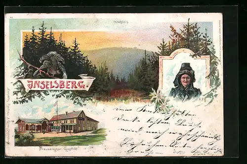 Lithographie Inselsberg, Preussischer Gasthof, Frau mit Haube