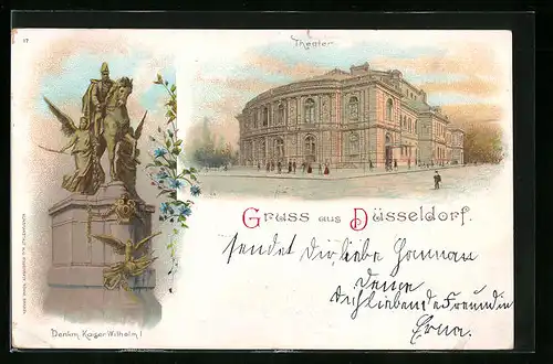 Lithographie Düsseldorf, Theater, Denkmal Kaiser-Wilhelm I