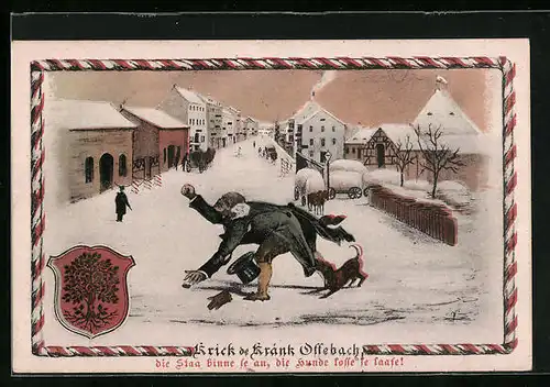 AK Offenbach, Hund beisst am Mantel eines vornehmen Herrn