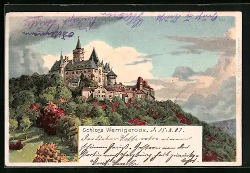 Lithographie Wernigerode, Ansicht vom Schloss