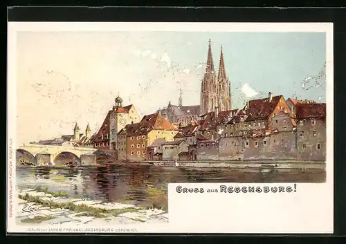 AK Regensburg, Kirche am Ufer mit Brücke