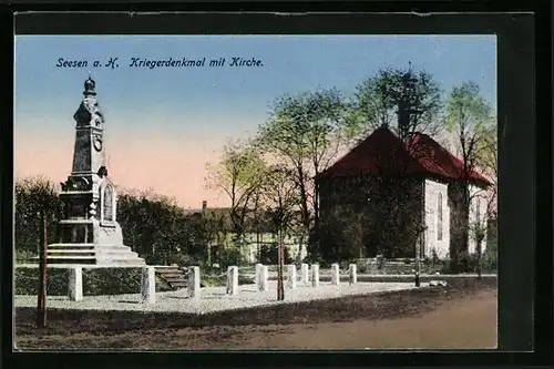 AK Seesen /H., Kriegerdenkmal mit Kirche