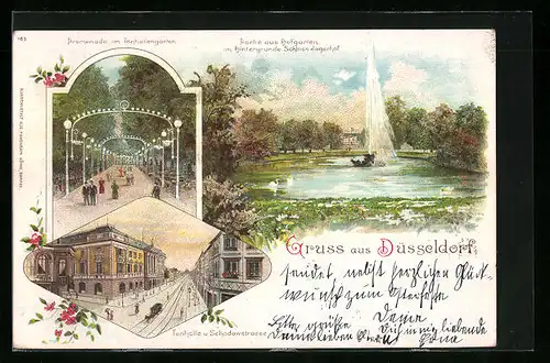 Lithographie Düsseldorf, Promenade im Tonhallengarten, Schadowstrasse