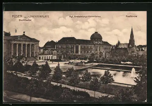 AK Posen, Theaterplatz mit Stadttheater, und Paulikirche