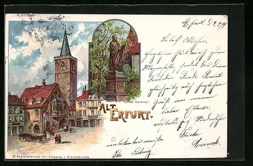 Lithographie Erfurt, St. Aegidienkirche mit Eingang zur Krämerbrücke