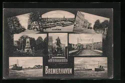 AK Bremerhaven, Dampfer, Strassenbahn, Springbrunnen