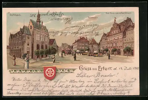Lithographie Erfurt, Rathaus, Rolandsäule, Café Roland