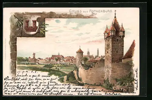 Lithographie Rothenburg /T., Burg mit Stadtmauer