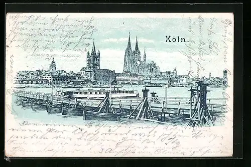 Lithographie Köln, Bootsanlegestelle vor Dom-Kulisse