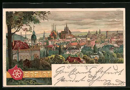 Lithographie Erfurt, Stadt mit Dom aus der Vogelschau