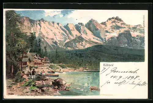 Lithographie Eibsee, Hütte am See vor Bergpanorama