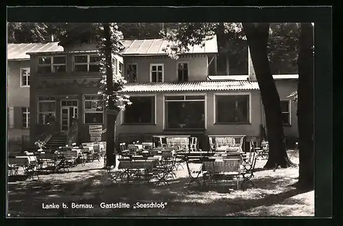 AK Lanke /Bernau, Sitzplätze vor der Gaststätte Seeschloss