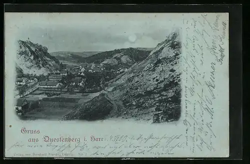 Mondschein-AK Questenberg /Harz, Ortsansicht im Tal