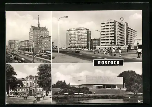 AK Rostock, Haus der Schiffahrt, Interhotel Warnow, Universität - Kunsthalle am Schwanenteich