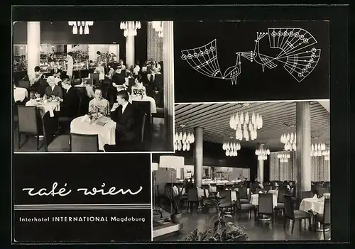 AK Magdeburg, Interhotel International - Café Wien mit Gästen und Theke