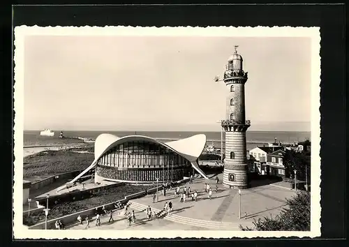 AK Warnemünde, Leuchtturm und Pavillon aus der Vogelschau