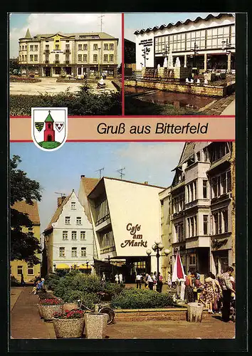 AK Bitterfeld, Hotel Central, Kulturzentrum, Blick zum Markt mit Café am Markt