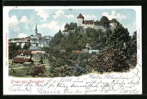 AK Burgdorf, Ortsansicht mit Blick zur Kirche und zur Burg
