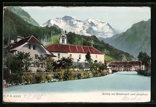 AK Gsteig b. Wilderswil, Ortsansicht mit Jungfrau