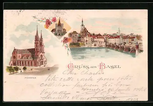 Lithographie Basel, Ortsansicht und Münster