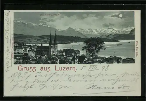 Mondschein-AK Luzern, Blick über den Vierwaldstättersee mit Alpenpanorama