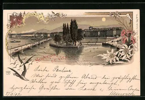 Lithographie Genève, Ortsansicht mit Genfersee