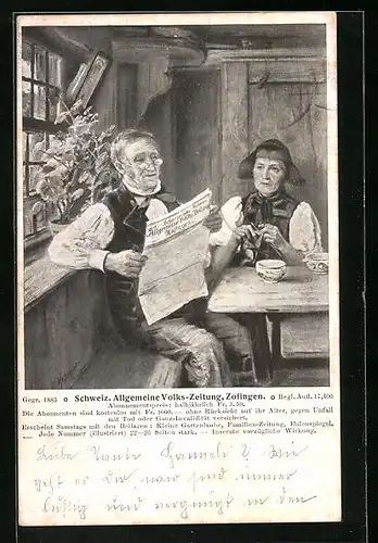 AK Zofingen, Ehepaar in der Stube, er liest die Schweiz. Allgemeine Volks-Zeitung
